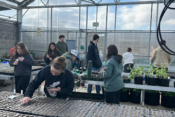 The Greenhouse Management class plants and labels plants for the upcoming sale.
