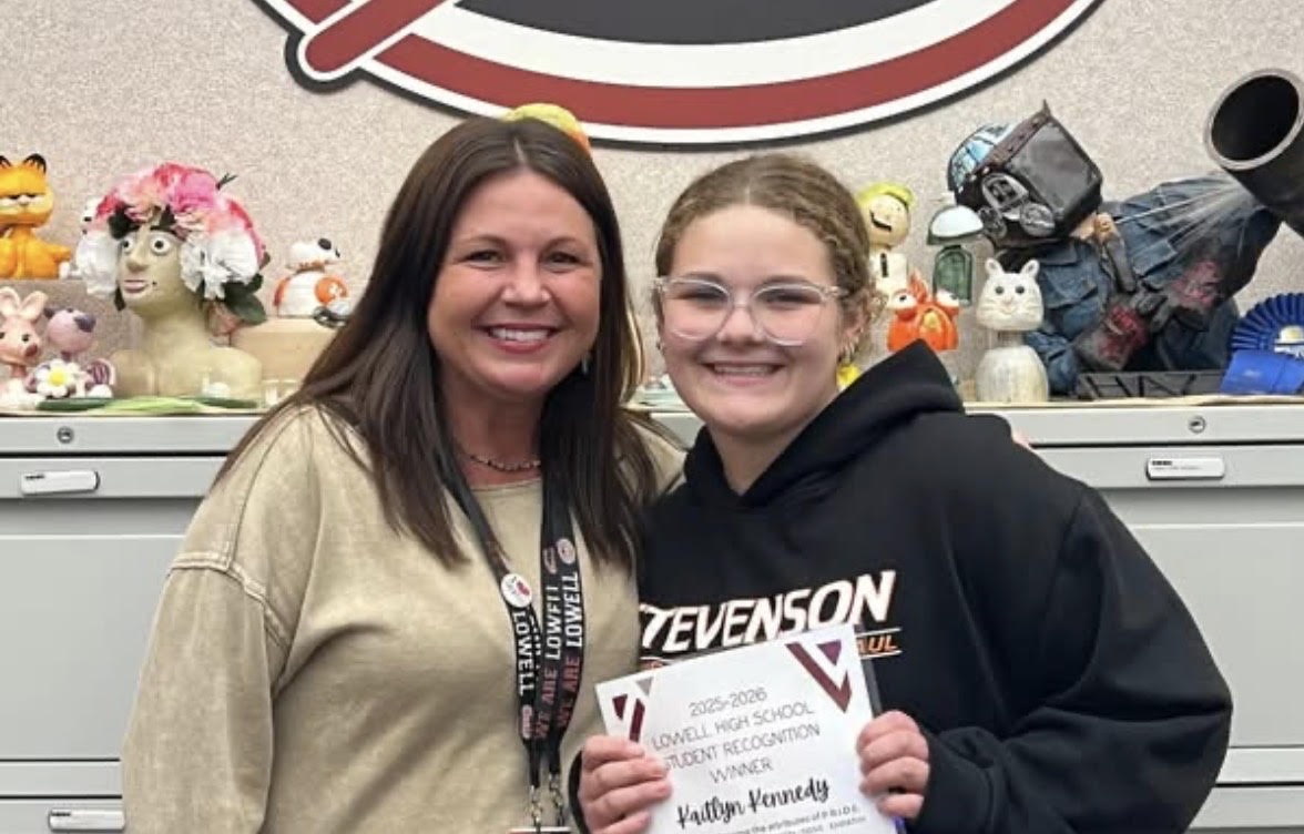 Kaitlyn poses with Mrs. Doolin after being selected for Student of the Month!